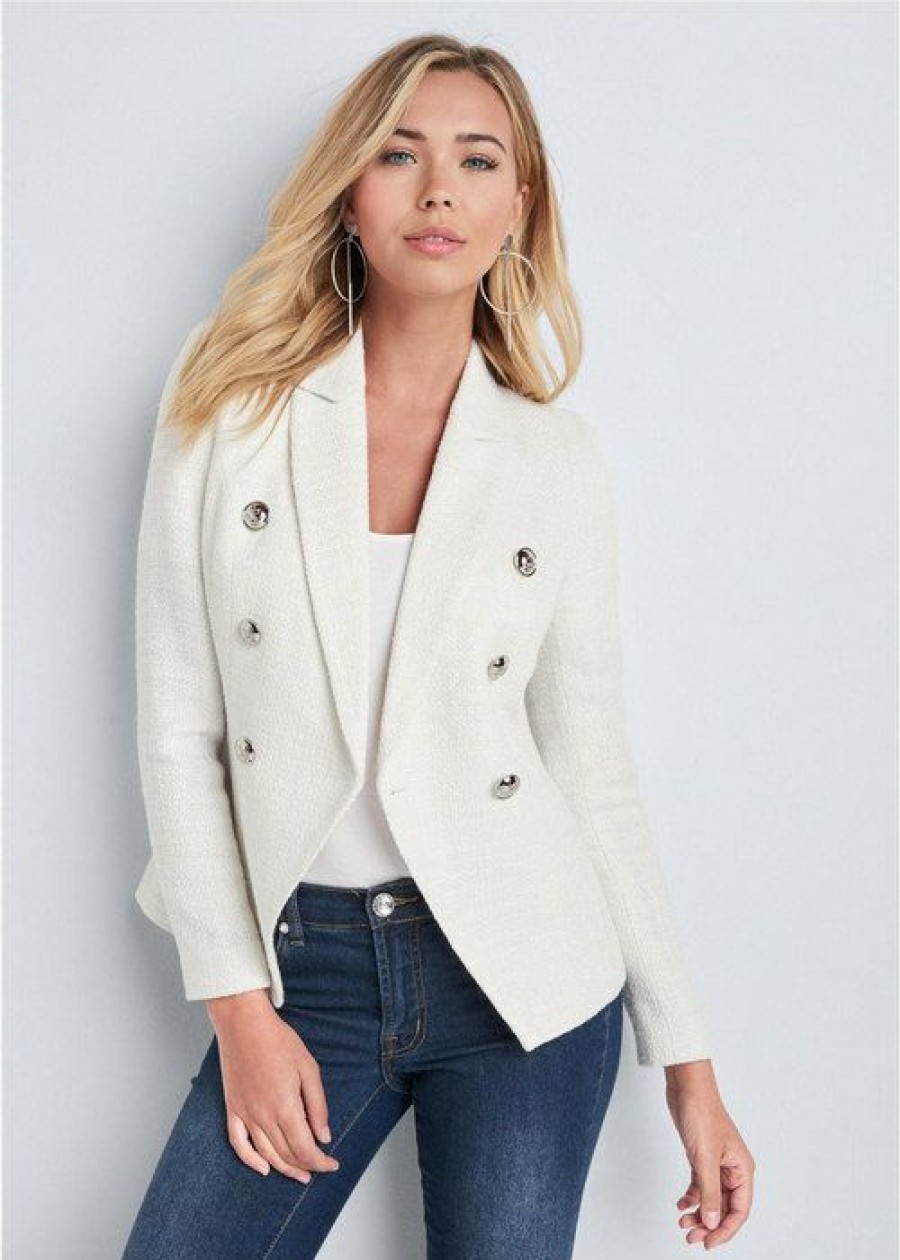 * | Best Price Venus Double Breasted Tweed Blazer White | Womens Jackets & Coats