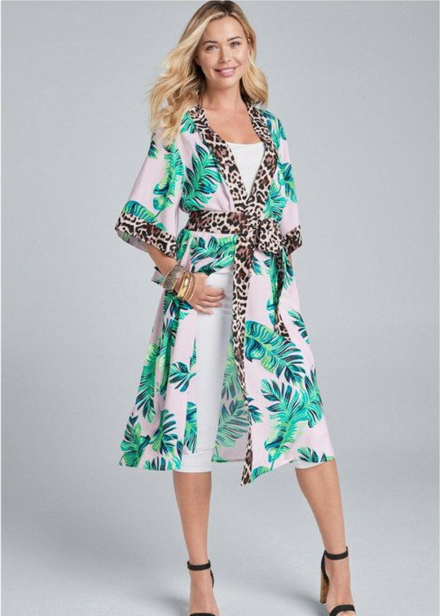 * | Popular Venus Palm Print Duster Pink Multi | Womens Jackets & Coats