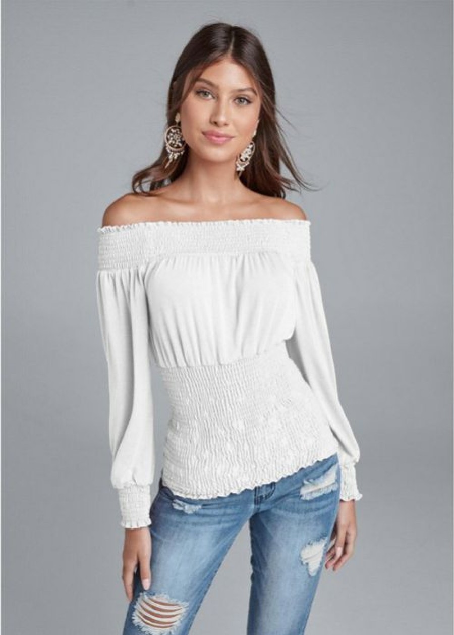 * | Wholesale Venus Off Shoulder Smocked Top White | Womens Tops