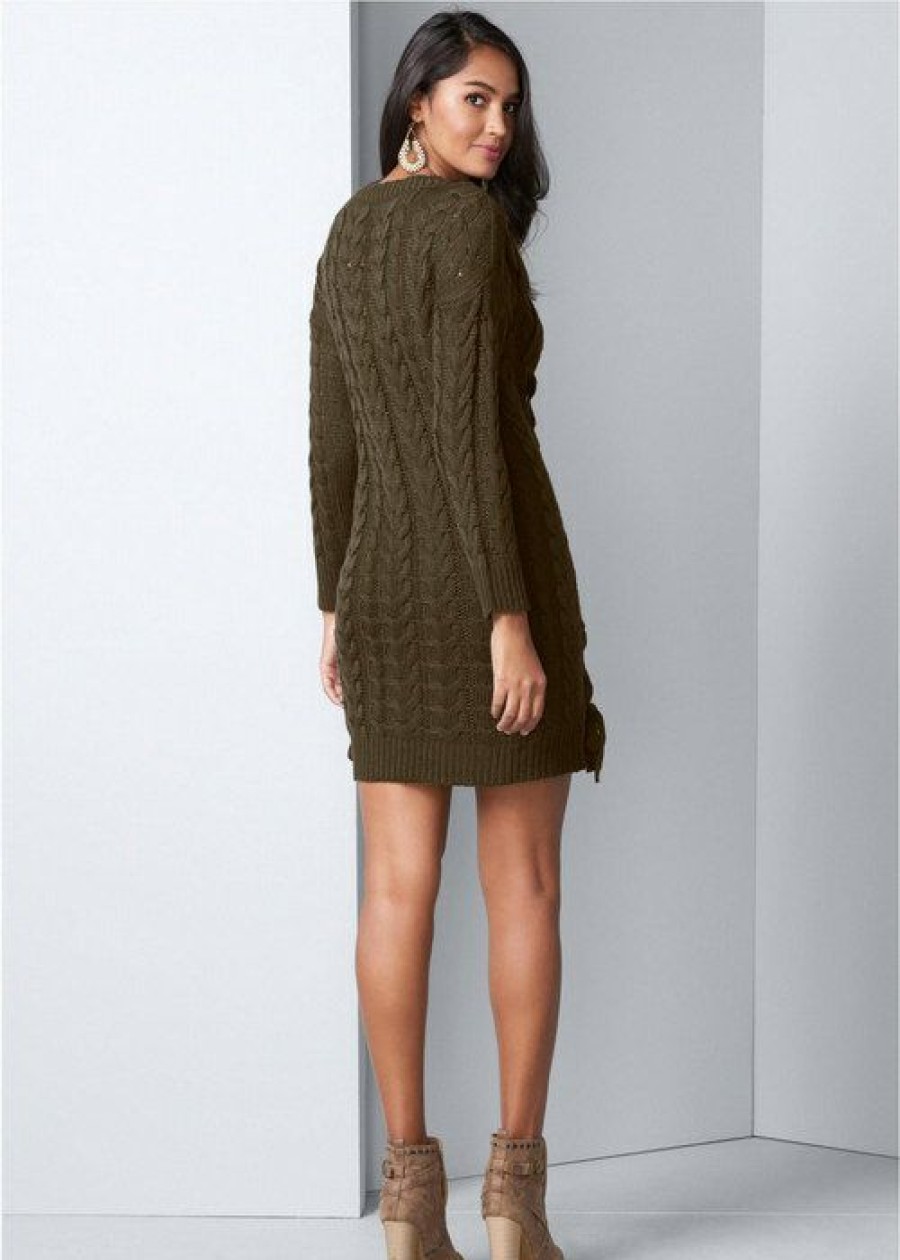 * | Attractive Venus Cable Knit Sweater Dress Olive | Womens Dresses