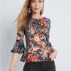 * | Good Quality Venus Floral And Leopard Print Peplum Top Black Multi | Womens Tops