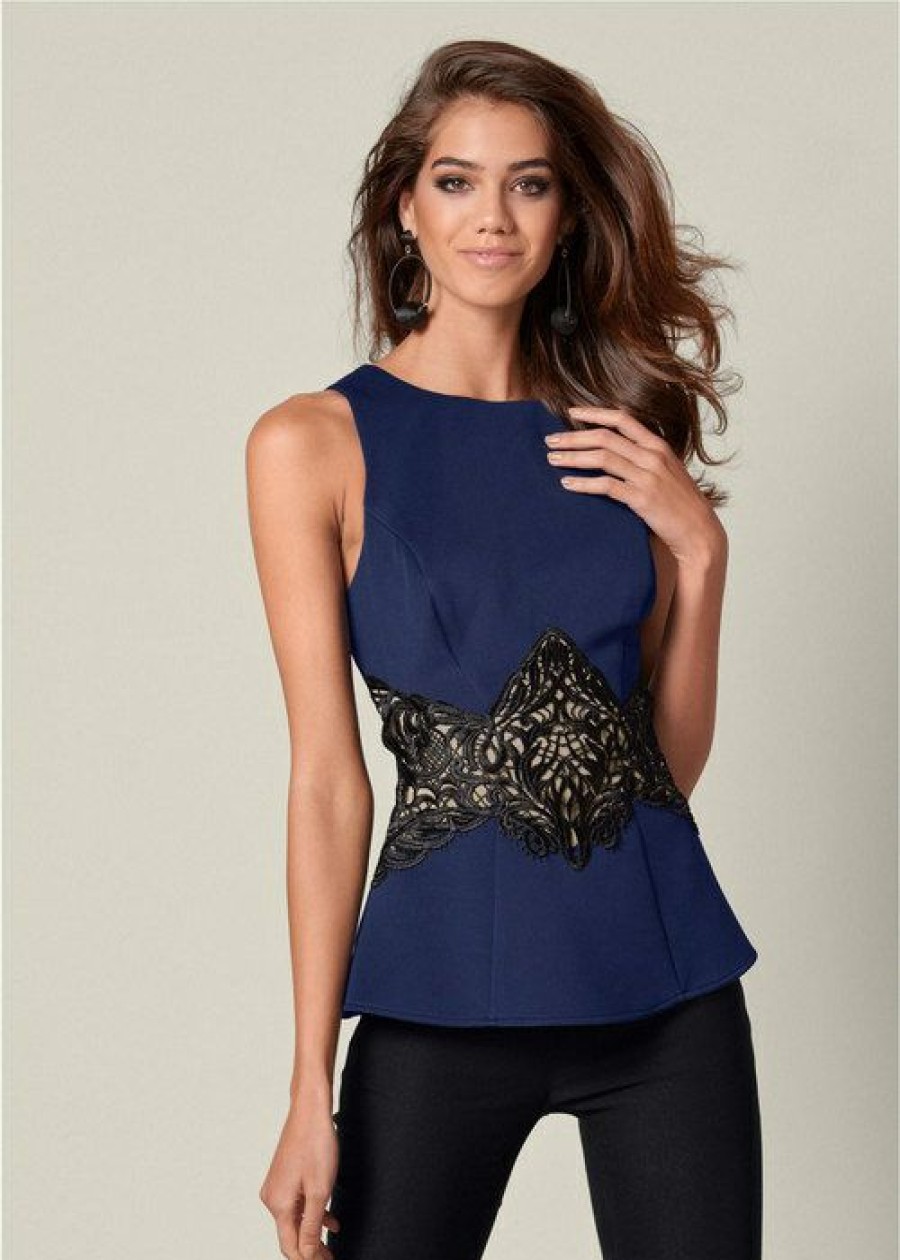 * | Attractive Venus Lace Waistband Trim Top Navy | Womens Tops