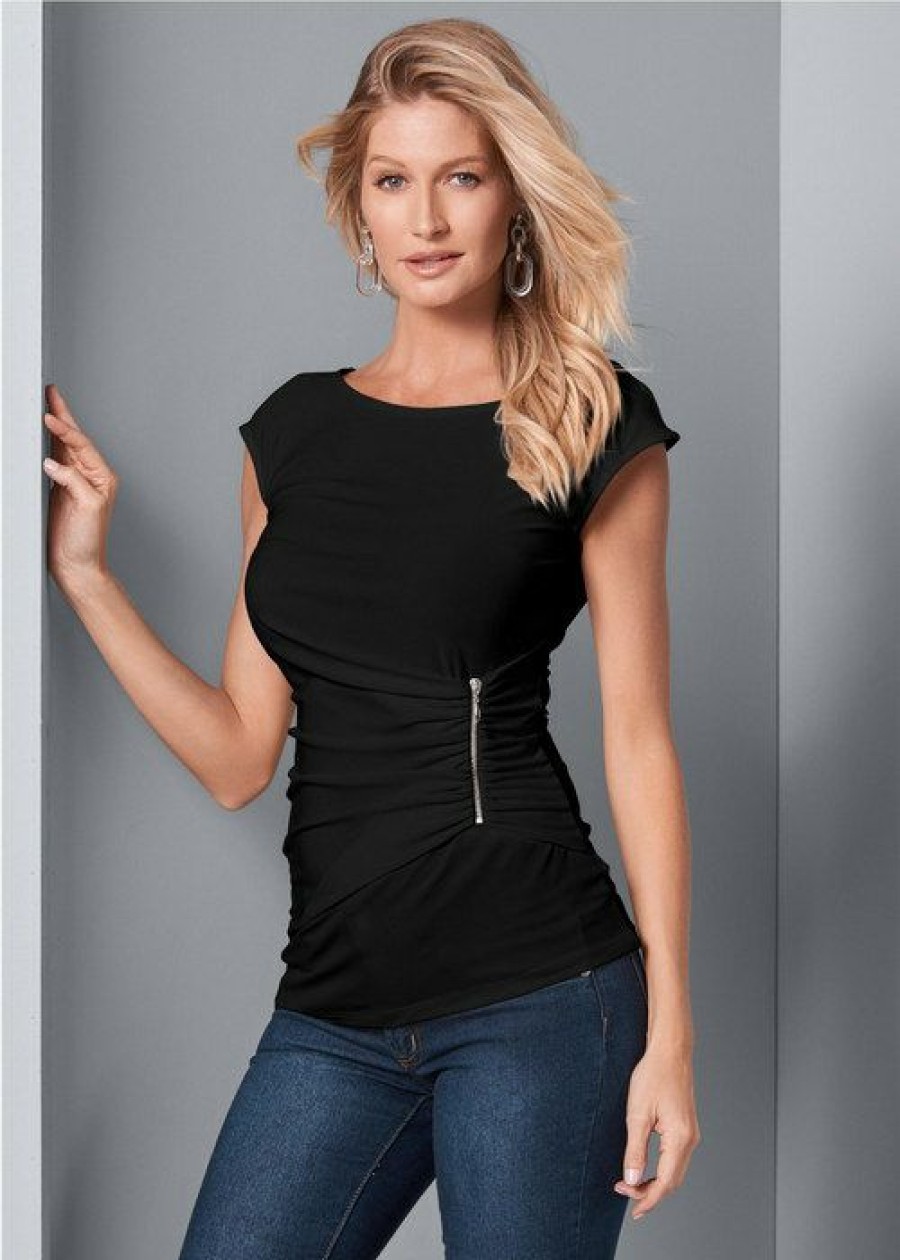 * | Popular Venus Zip Detail Top Black | Womens Tops