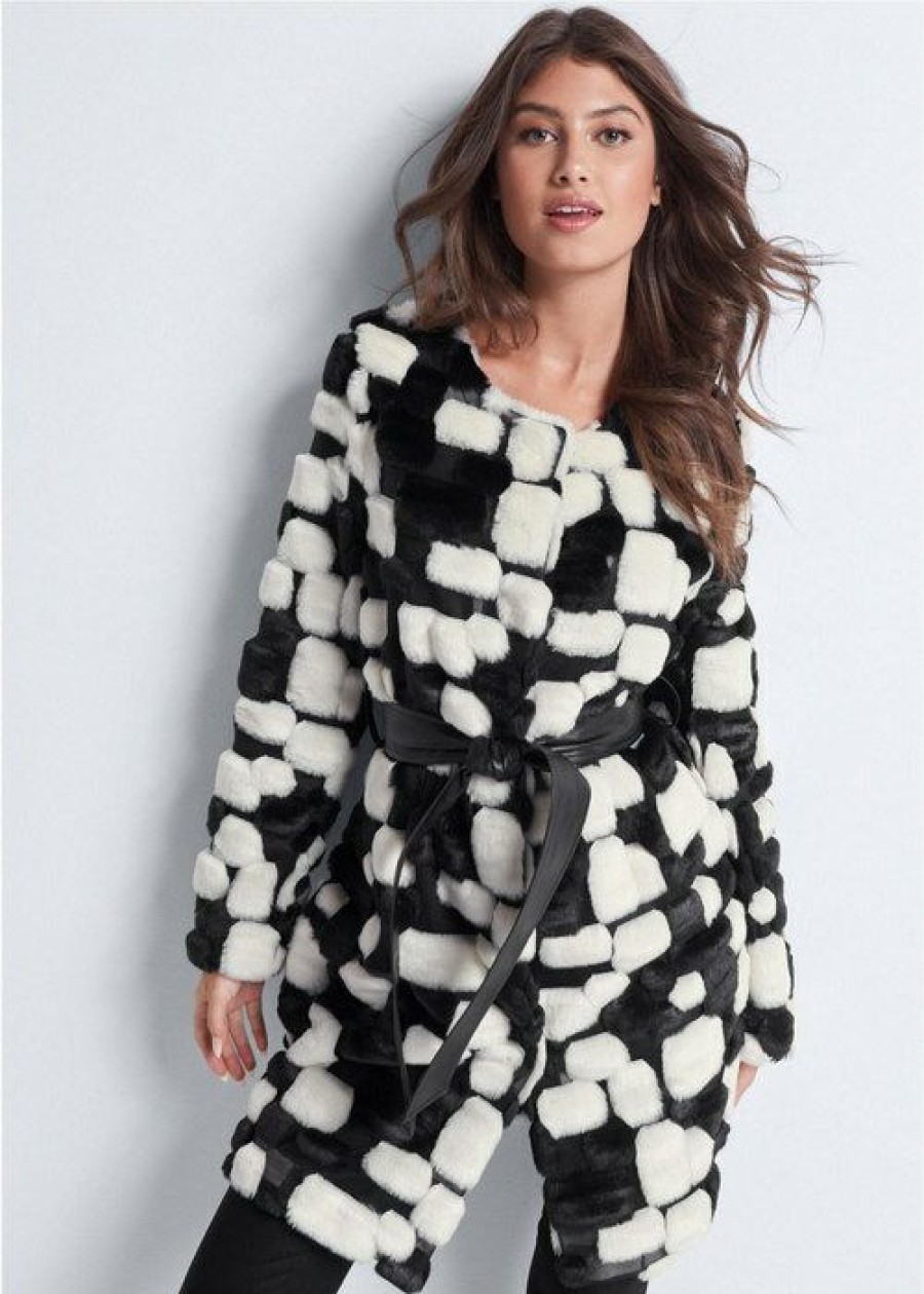 * | Good Quality Venus Color Block Faux Fur Coat Black & White | Womens Jackets & Coats