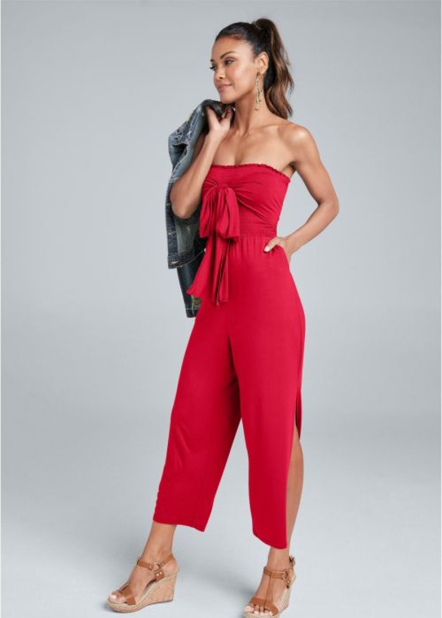 * | Exquisite Gifts Venus Smocked Tie Front Jumpsuit Red | Womens Jumpsuits & Rompers