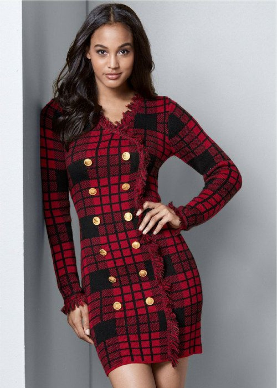 * | 100% Guarantee Venus Button Detail Sweater Dress Red Multi | Womens Dresses