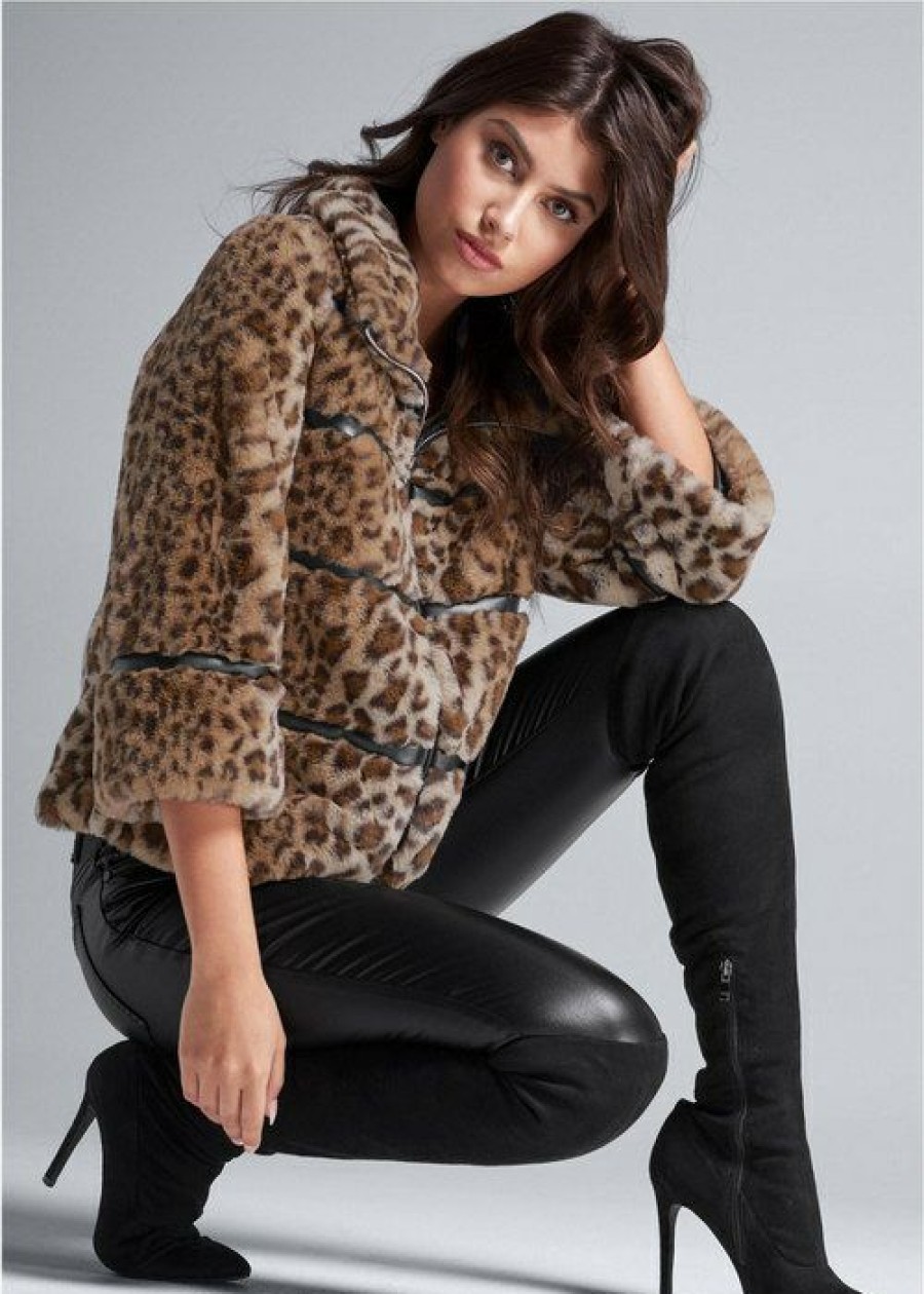 * | Attractive Venus Faux Fur Leopard Print Coat Brown Multi | Womens Jackets & Coats