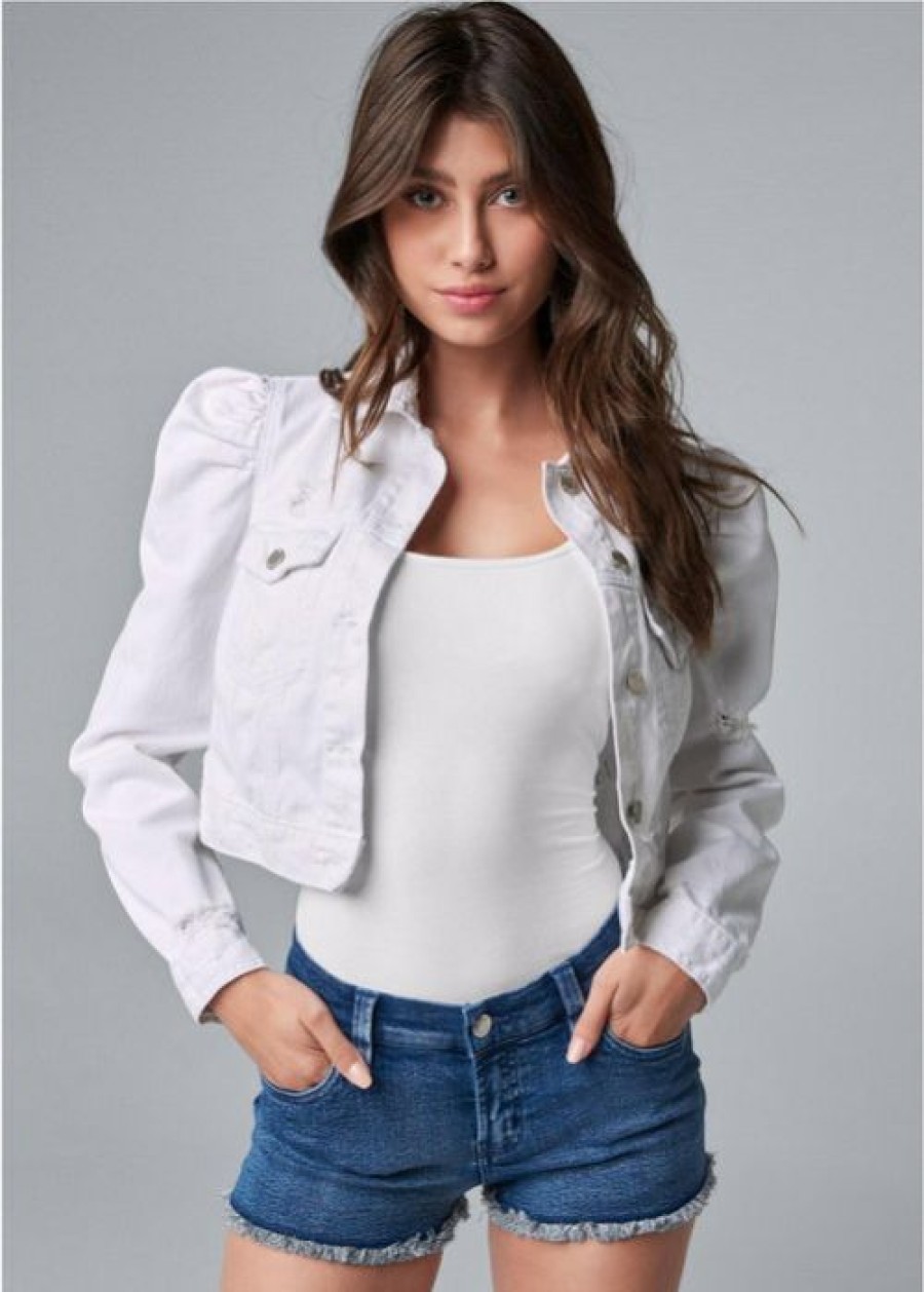 * | Gift Selection Venus Cropped Puff Sleeve Denim Jacket White Denim | Womens Jackets & Coats