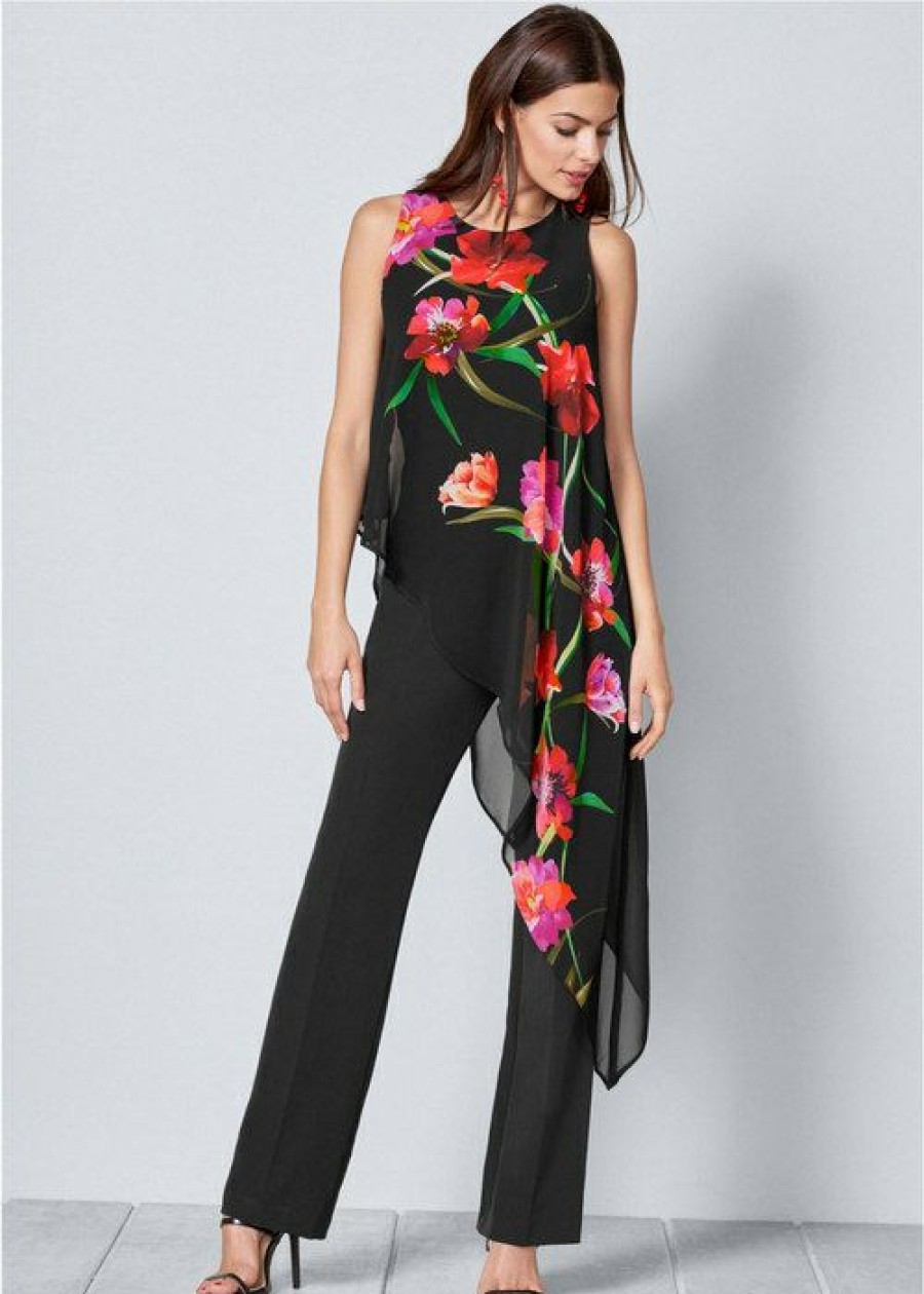 * | Gift Selection Venus Chiffon Overlay Jumpsuit Black Multi | Womens Jumpsuits & Rompers