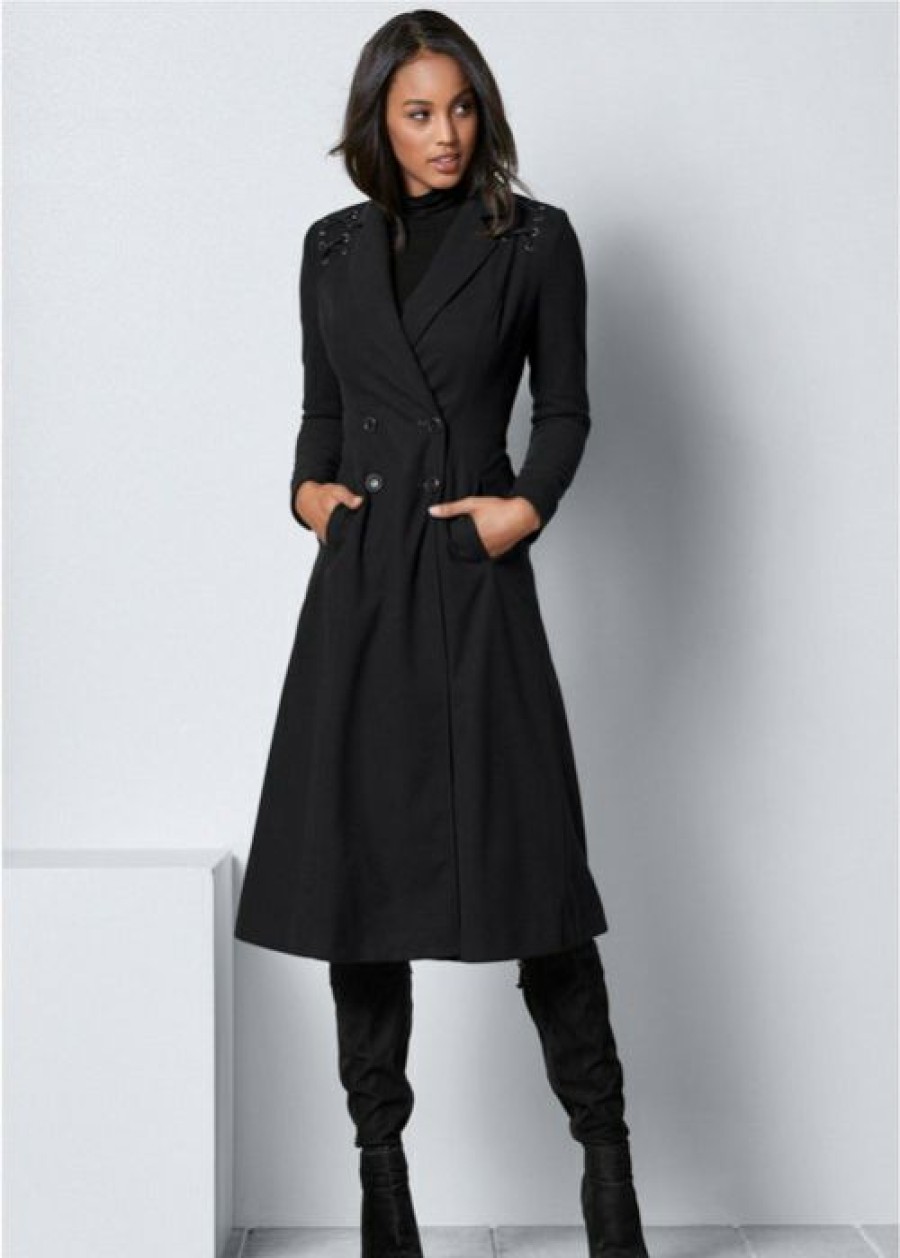 * | Best Price Venus Lace Up Detail Coat Black | Womens Jackets & Coats