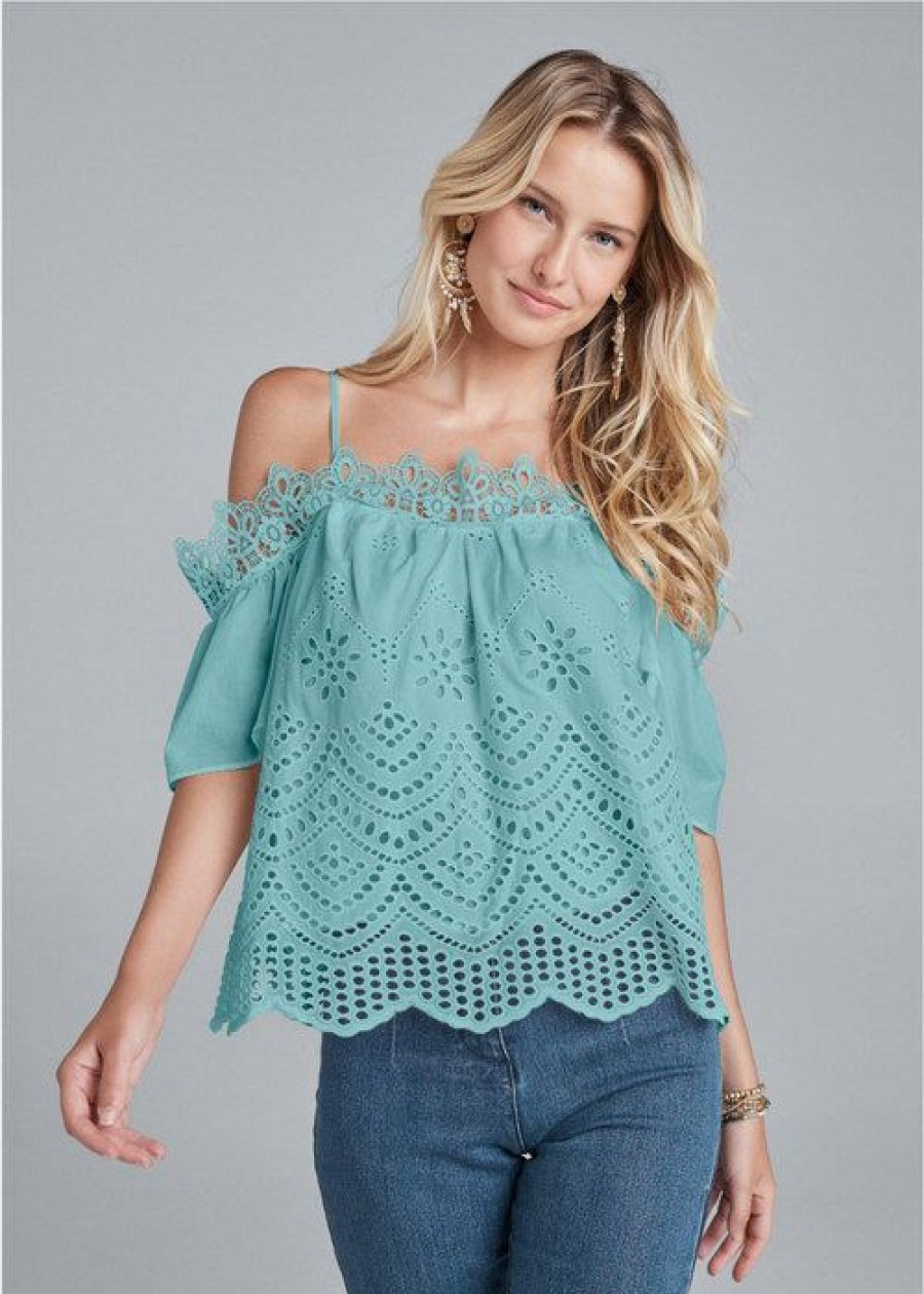 * | Promotion Venus Cold Shoulder Eyelet Top Turquoise | Womens Tops