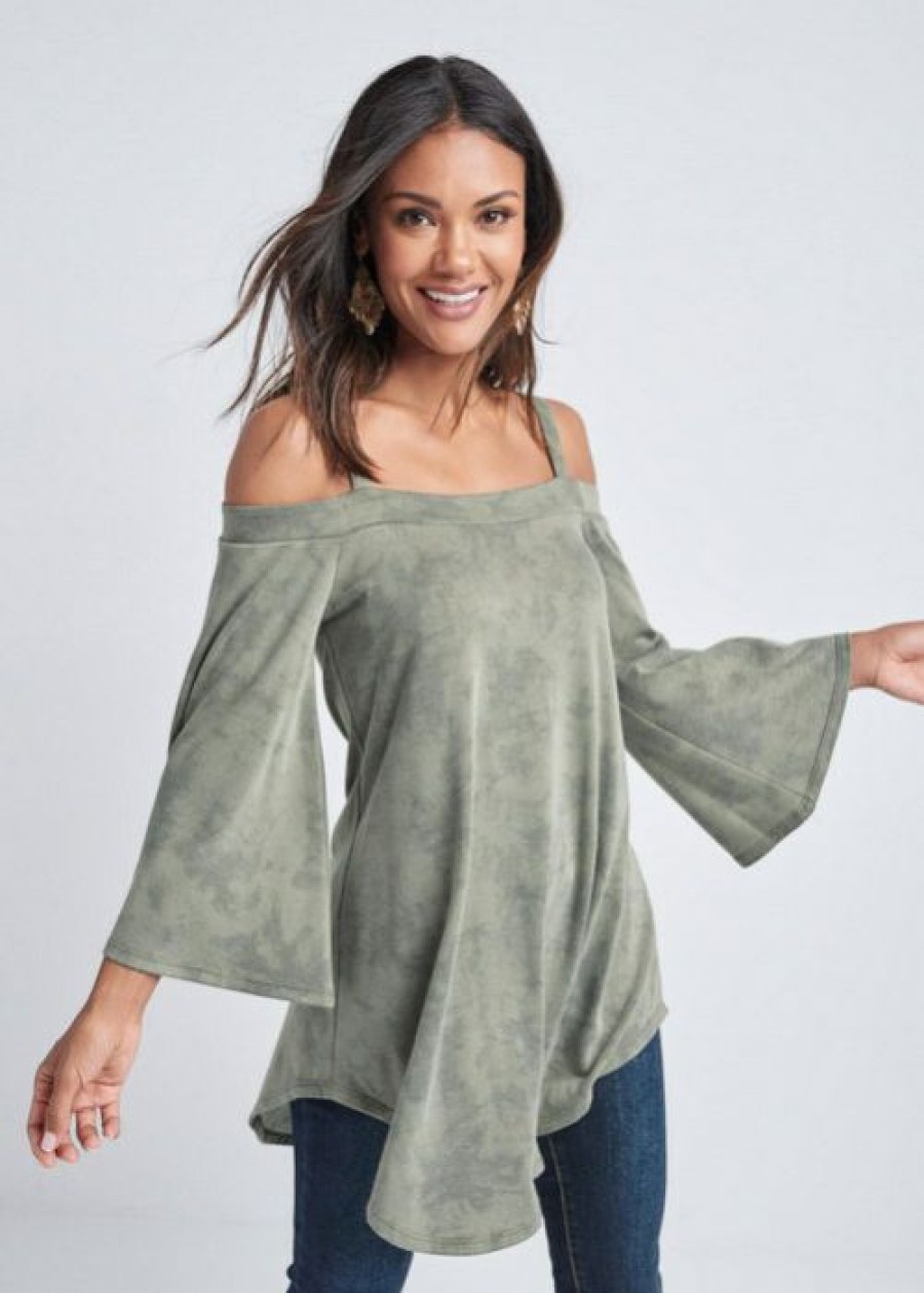 * | Cut Price Venus Cold Shoulder Tunic Top Heathered Olive | Womens Loungewear