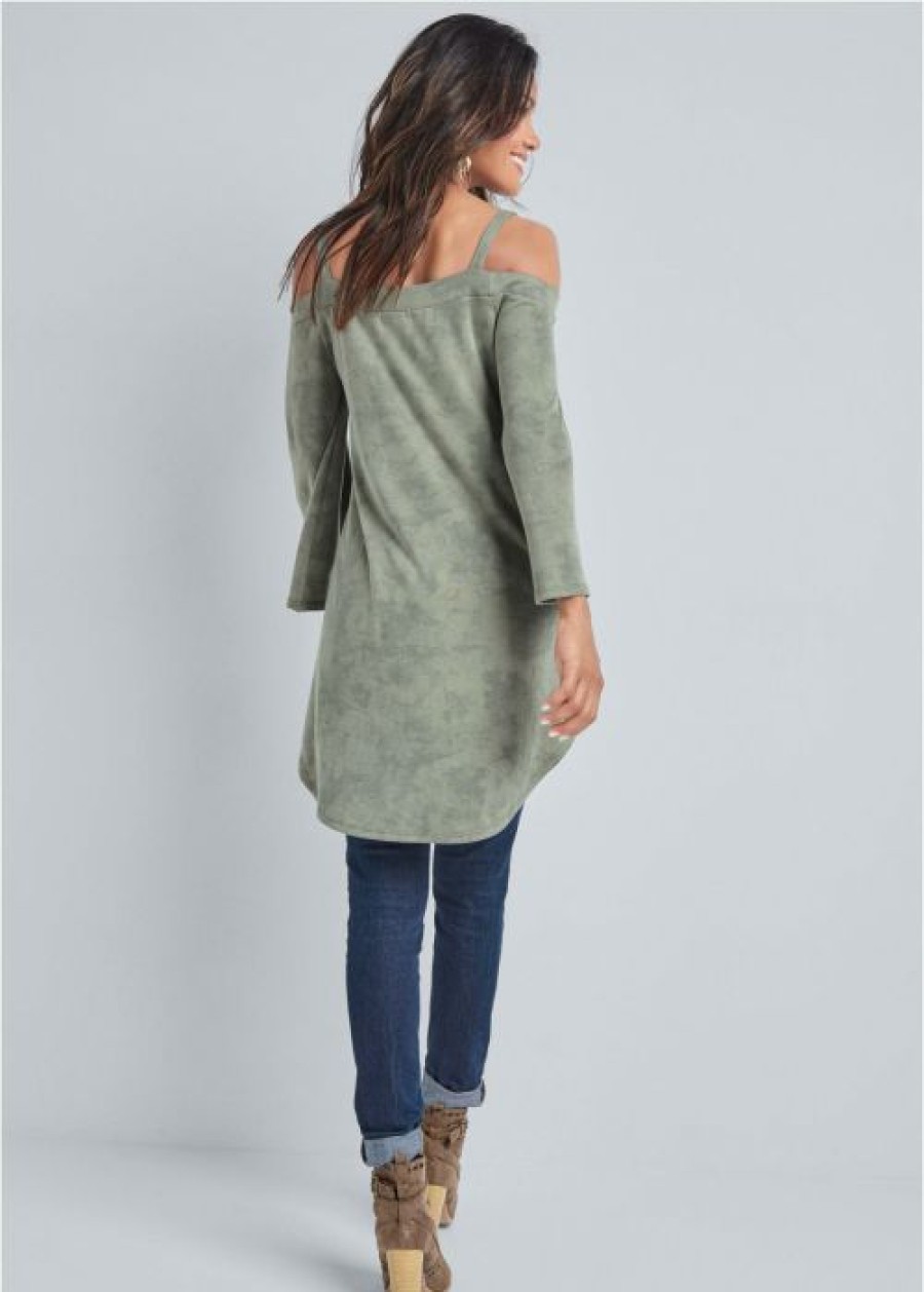 * | Cut Price Venus Cold Shoulder Tunic Top Heathered Olive | Womens Loungewear