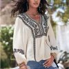 * | 100% Guarantee Venus Embroidered Peasant Top Cream & Black | Womens Tops