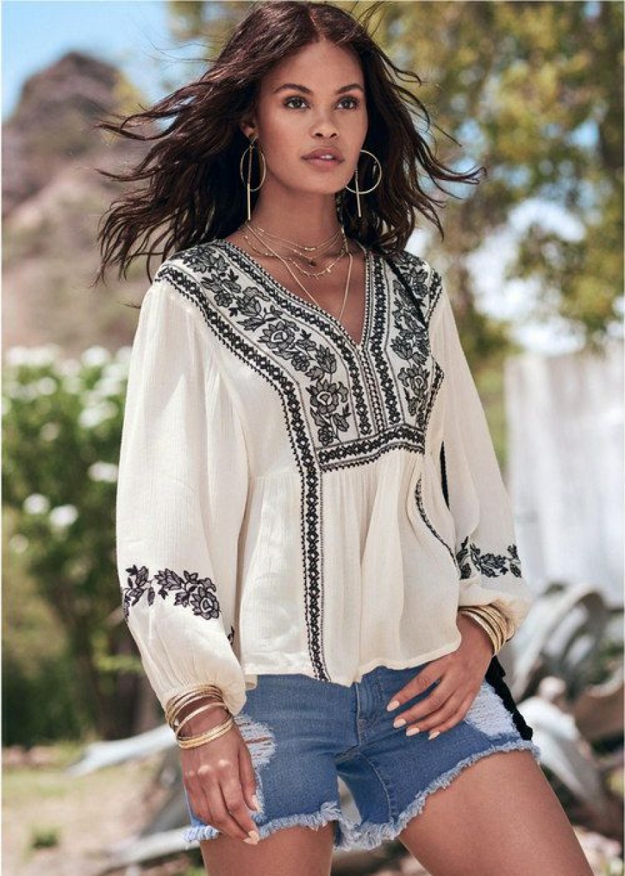 * | 100% Guarantee Venus Embroidered Peasant Top Cream & Black | Womens Tops