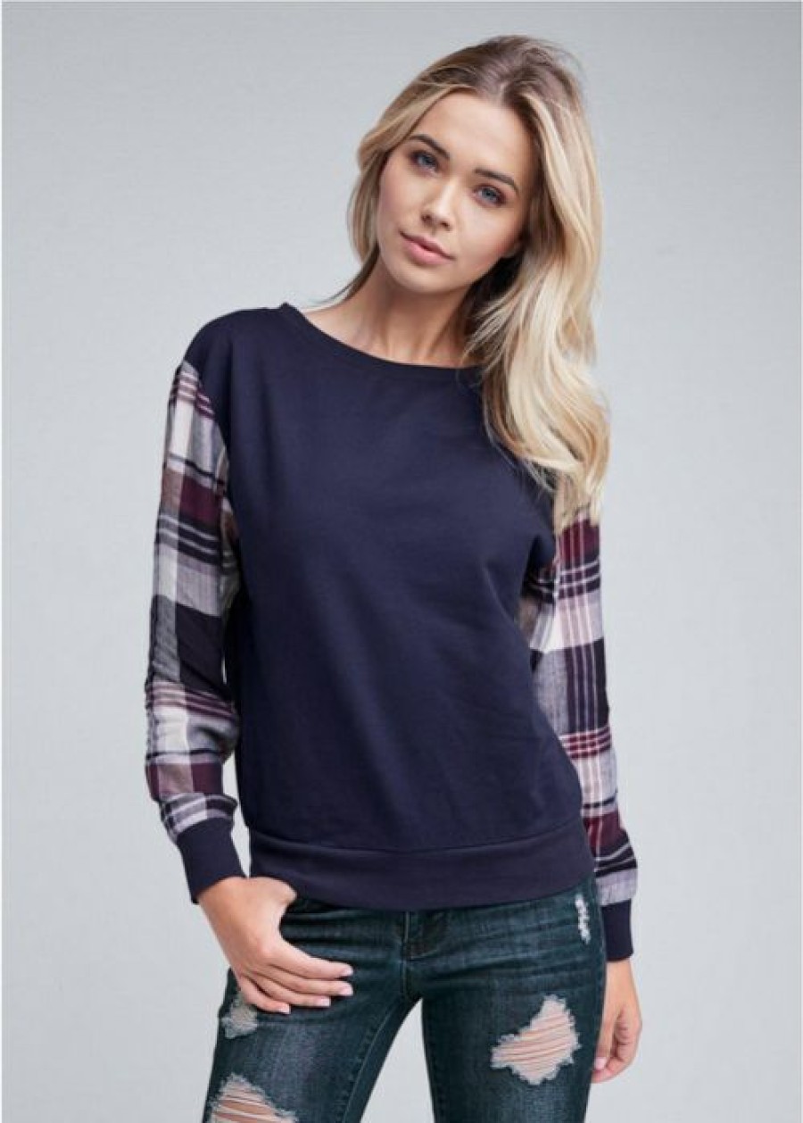 * | Large Choice Venus Plaid Sleeve Sweatshirt Blue Multi | Womens Loungewear