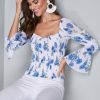 * | Exquisite Gifts Venus Smocked Floral Print Top White Multi | Womens Tops