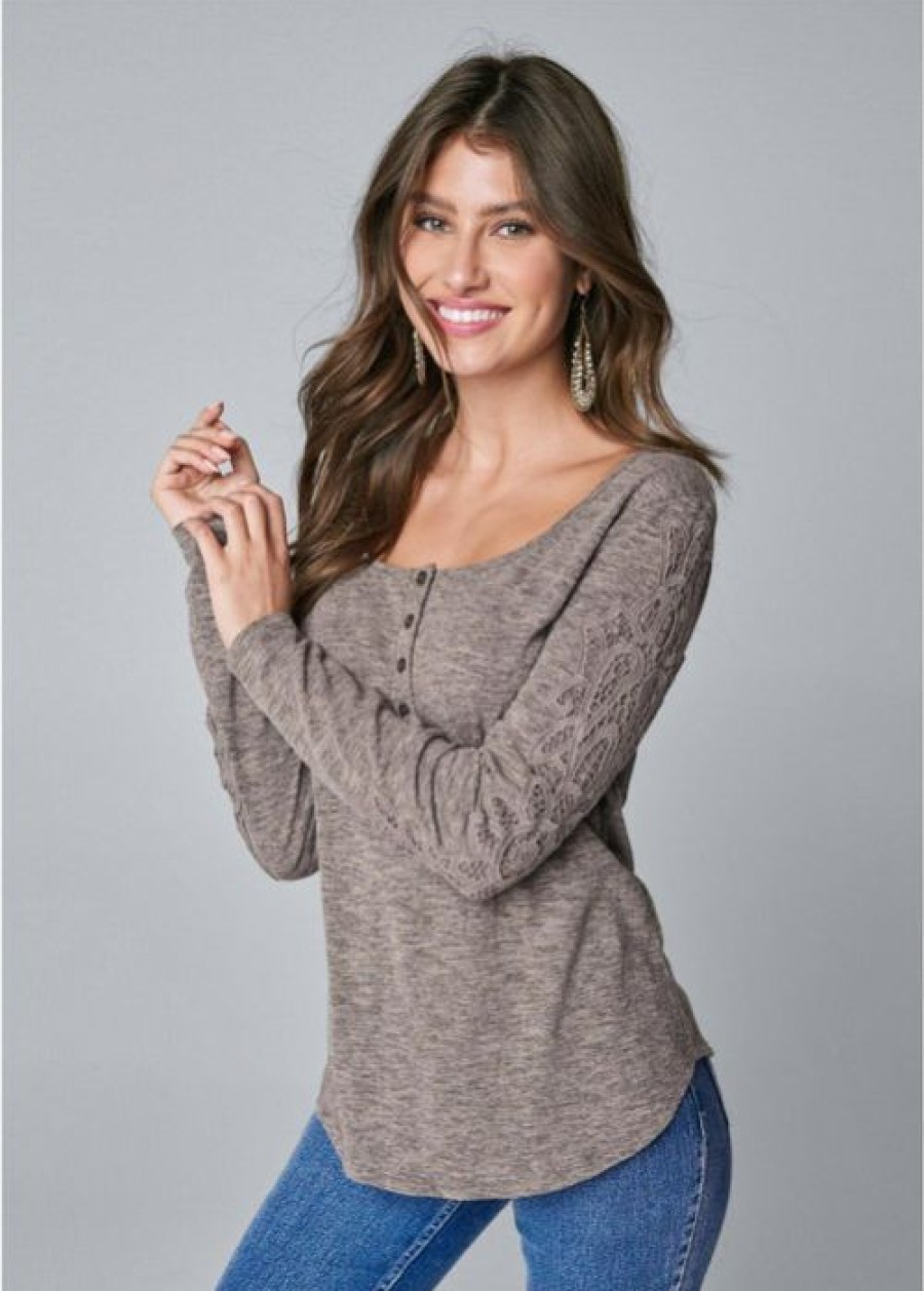 * | Best Price Venus Lace Sleeve Henley Top Charcoal Grey | Womens Loungewear