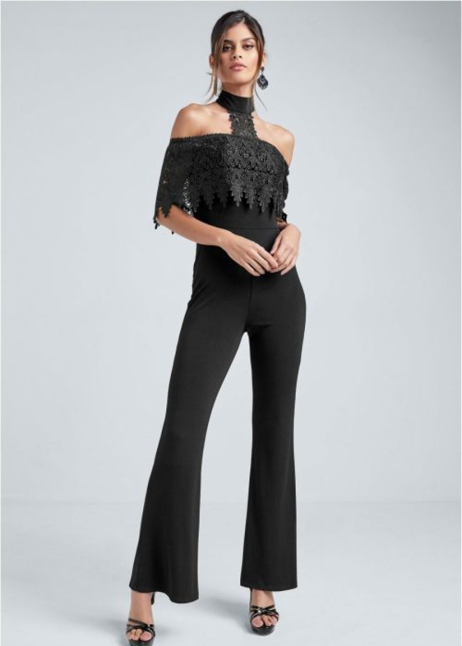 * | Cut Price Venus Cold Shoulder Lace Jumpsuit Black | Womens Jumpsuits & Rompers