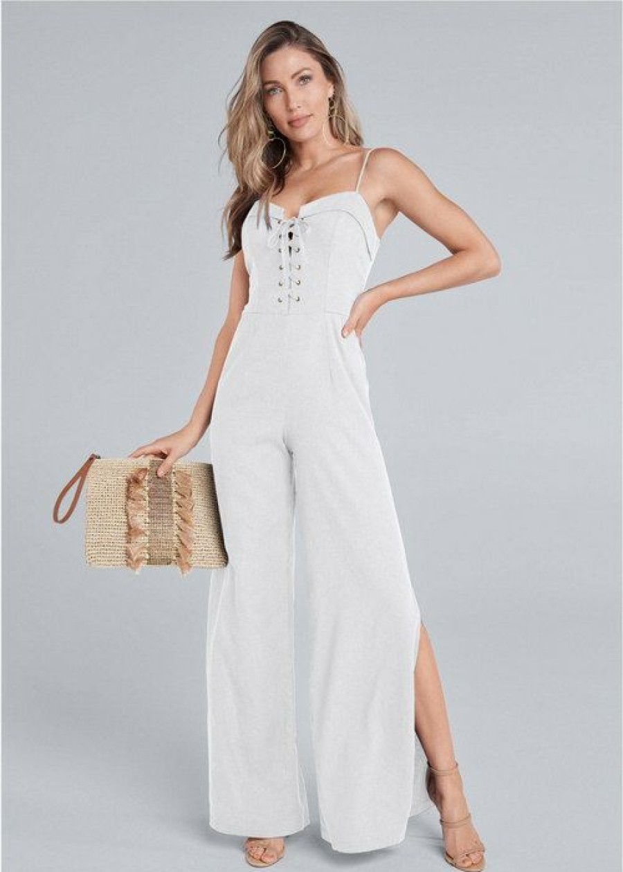 * | Gift Selection Venus Lace Up Linen Jumpsuit White | Womens Jumpsuits & Rompers